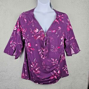 Avenue Tunic Top 20 Purple Plum Floral 1/2 Zip Tassle V-Neck Split Sleeve NWT
